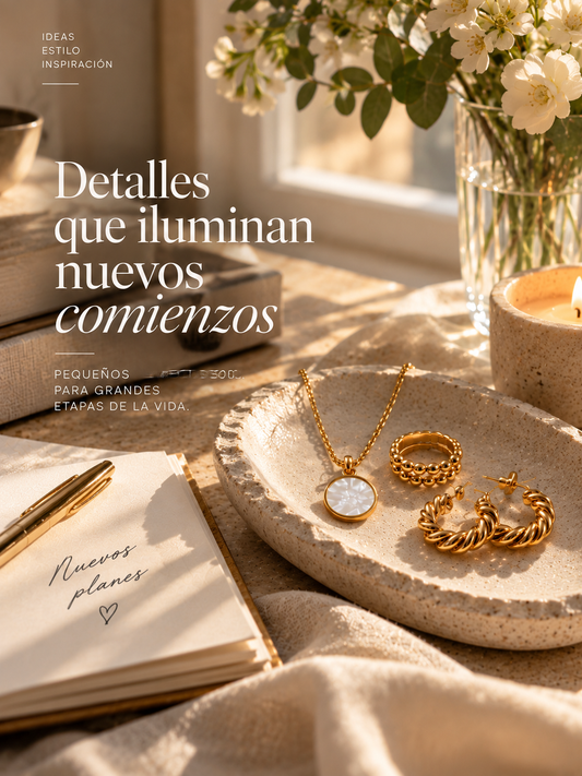 Joyas doradas BRAVATA con collar, anillo y pendientes para celebrar nuevos comienzos y etapas especiales de la vida