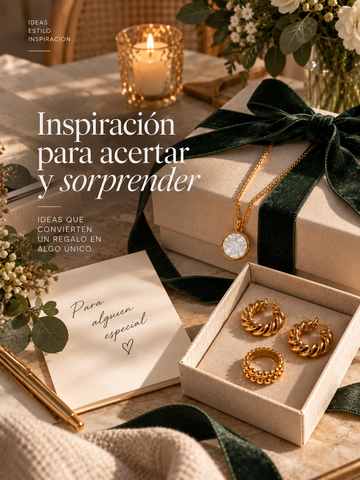 Ideas de regalos originales con joyas BRAVATA, collar dorado, pendientes y anillo presentados en cajas elegantes.