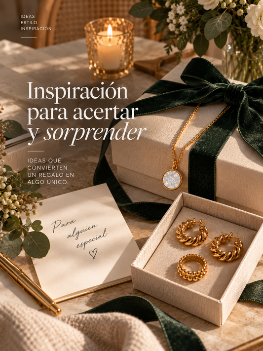 Ideas de regalos originales con joyas BRAVATA, collar dorado, pendientes y anillo presentados en cajas elegantes.
