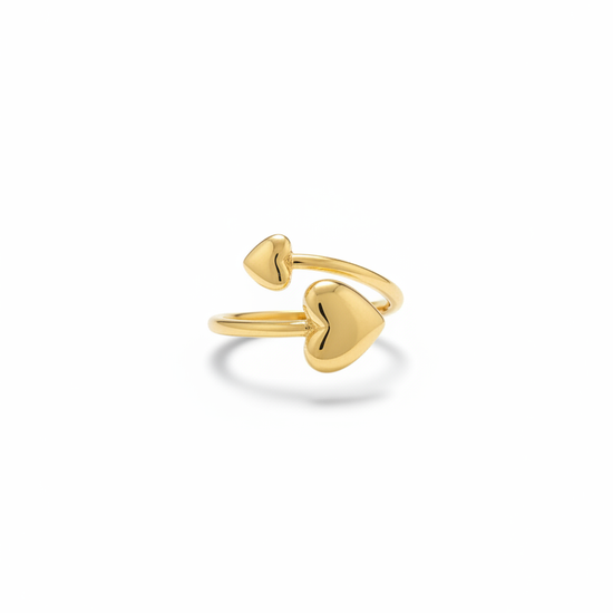 Anillo ajustable abierto con dos corazones en acero y baño de oro 18K