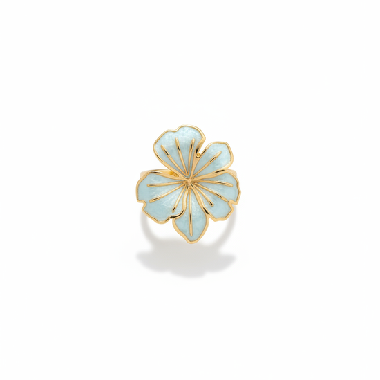 Anillo ajustable con flor esmaltada azul claro y baño de oro 18K