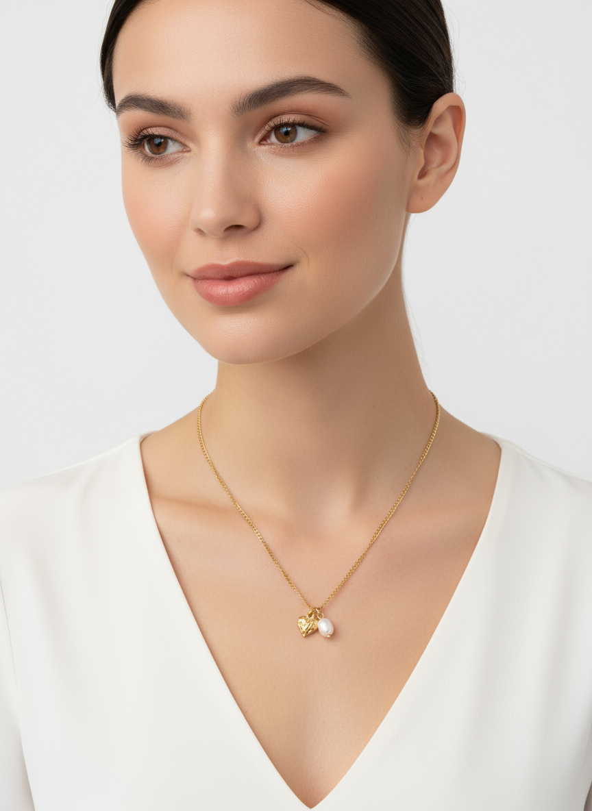 Collar Amor con colgante de corazón grabado y perla natural irregular en acero inoxidable dorado sobre modelo