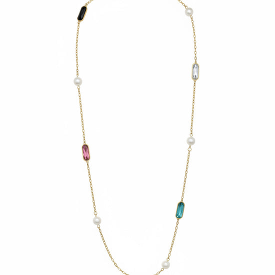 Collar largo dorado con perlas y cristales multicolor engastados en eslabones finos