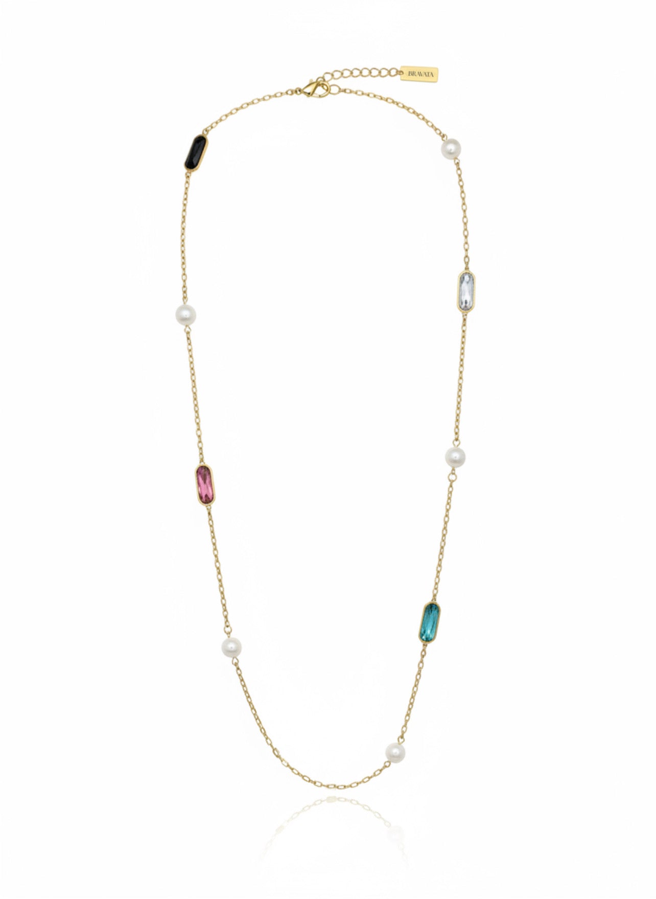 Collar largo dorado con perlas y cristales multicolor engastados en eslabones finos