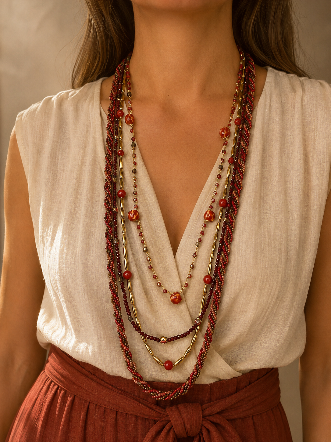 Mujer llevando el Collar Varda rojo multicapa con cuentas y detalles dorados.