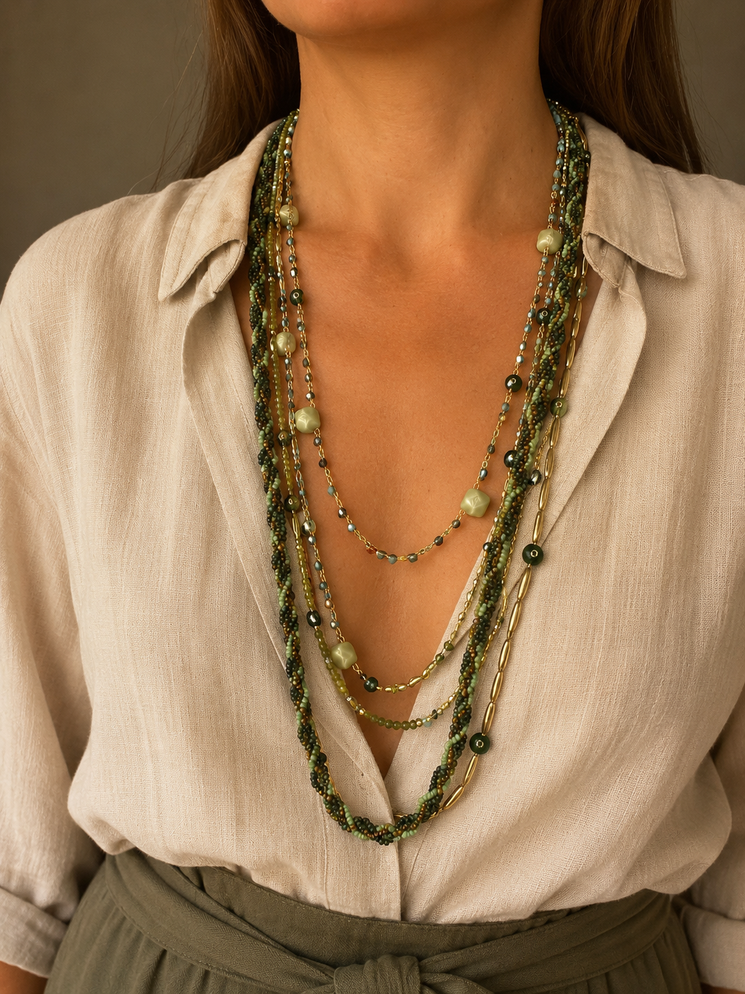 Mujer llevando el Collar Varda verde multicapa con cuentas y detalles dorados.