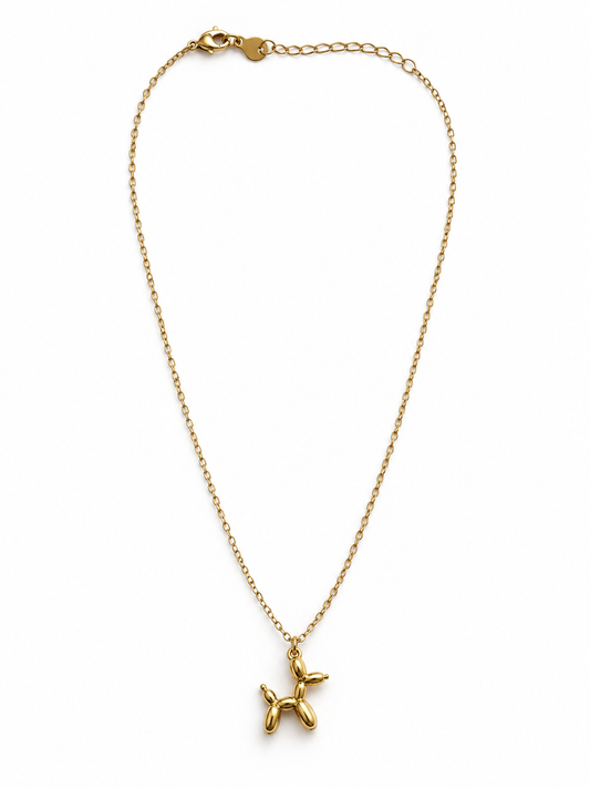 Collar Perrito Globito Dorado BRAVATA, detalle 1: cadena fina con colgante en forma de perrito hecho con esferas alargadas que simulan globos