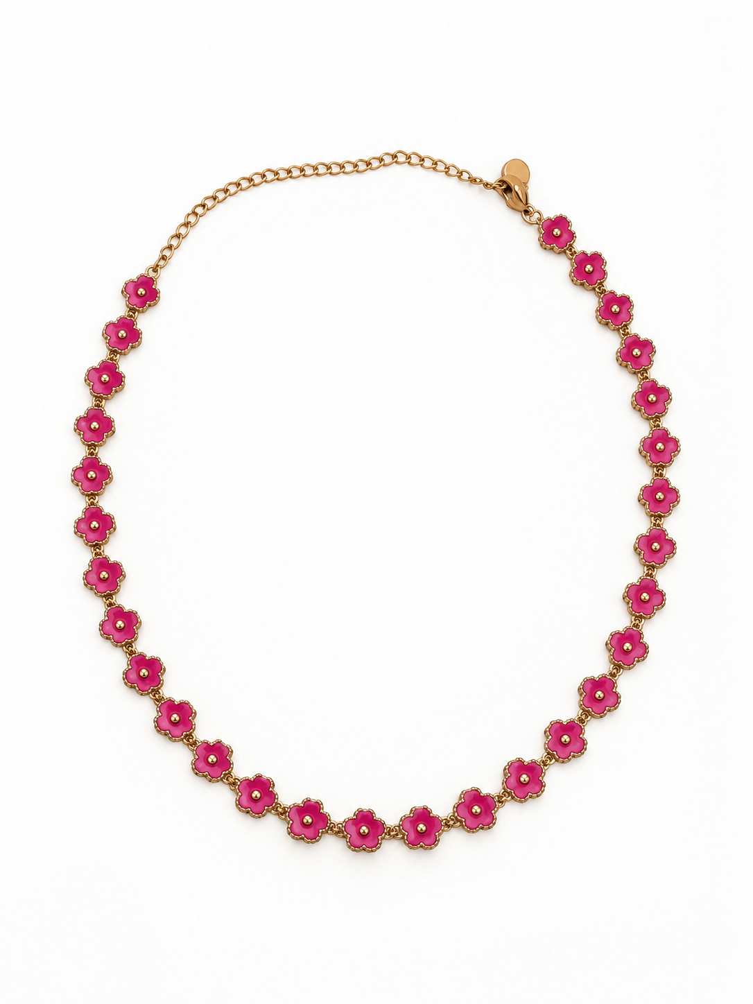 Collar Primavera Rubí BRAVATA, detalle 2: cadena con eslabones pequeños y flores de cinco pétalos en color malva con centro redondo dorado, unidas entre sí