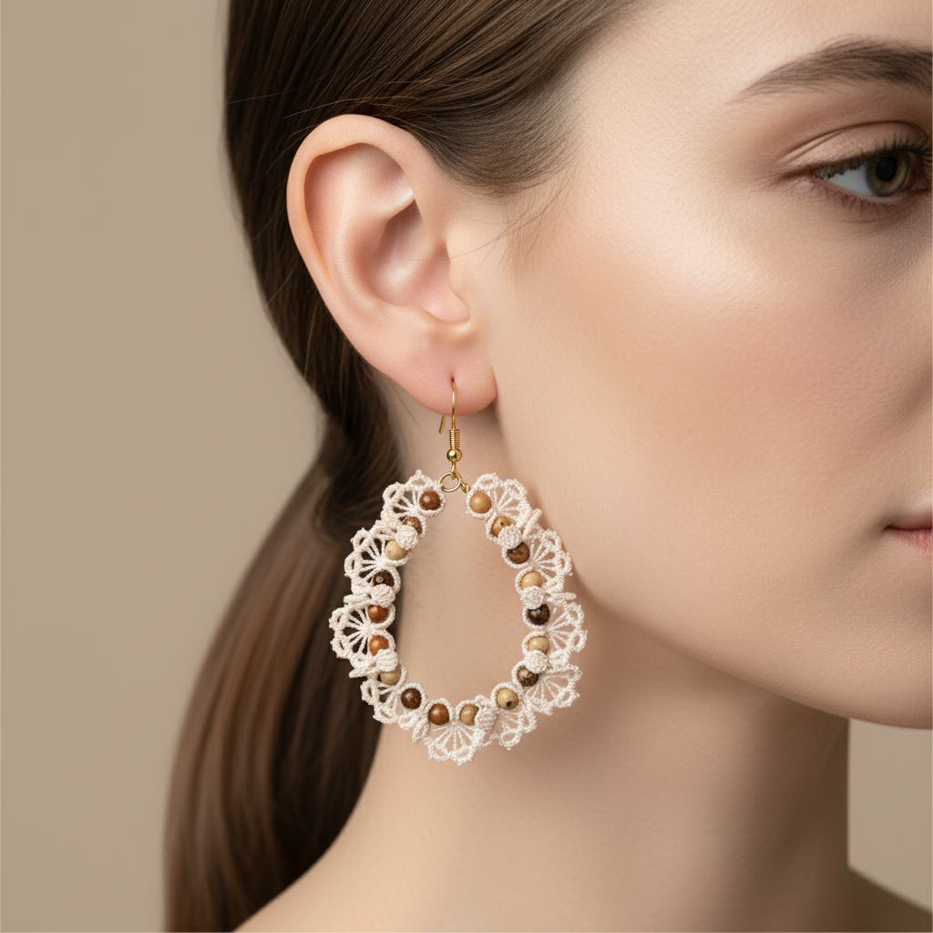 Pendientes crochet hechos a mano con piedras naturales en tonos coral o blanco sobre modelo