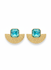 Pendientes dorados con media luna martelé y cristal aqua talla esmeralda (modelo Eclipse Aqua)