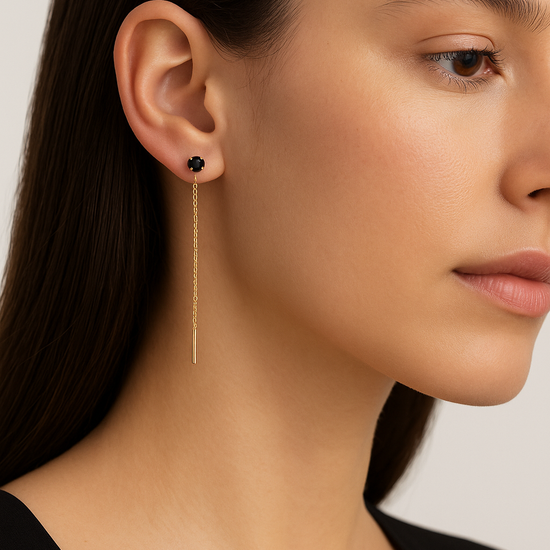 Pendientes de cadena dorados con circonita (negra) y barrita final (modelo Lumen Cadena)