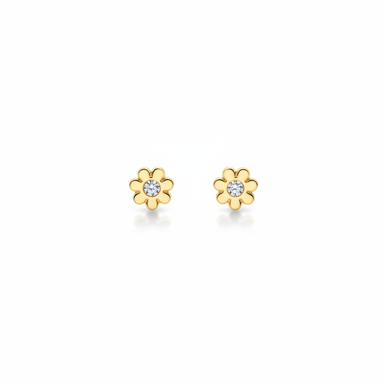 Pendientes mini en forma de flor dorada con circonita central (modelo Mini Margarita)