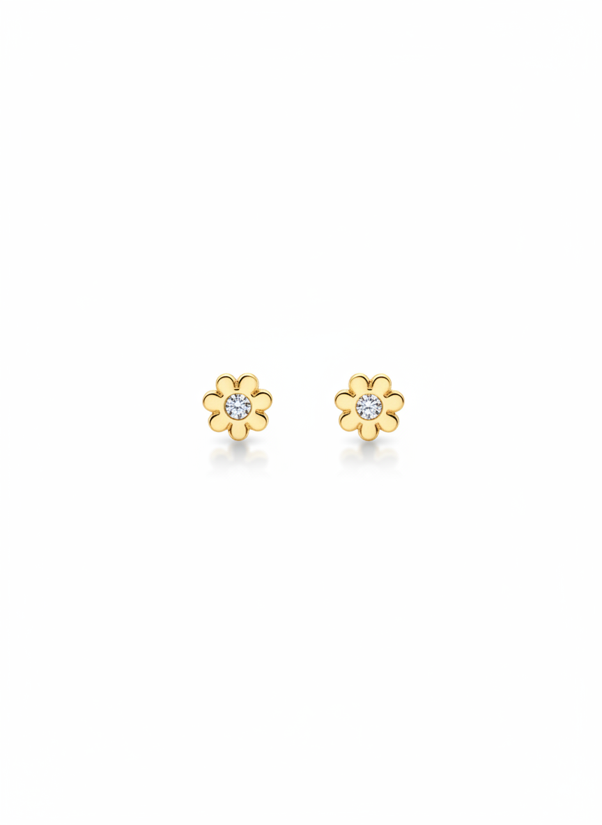 Pendientes mini en forma de flor dorada con circonita central (modelo Mini Margarita)