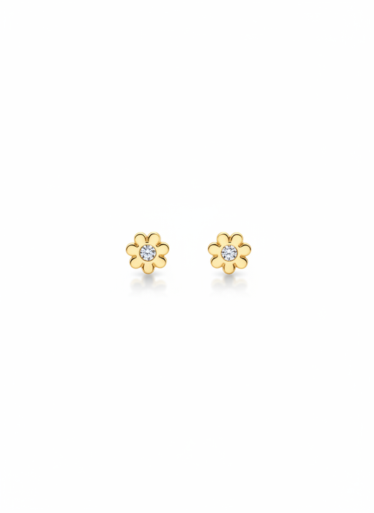 Pendientes mini en forma de flor dorada con circonita central (modelo Mini Margarita)
