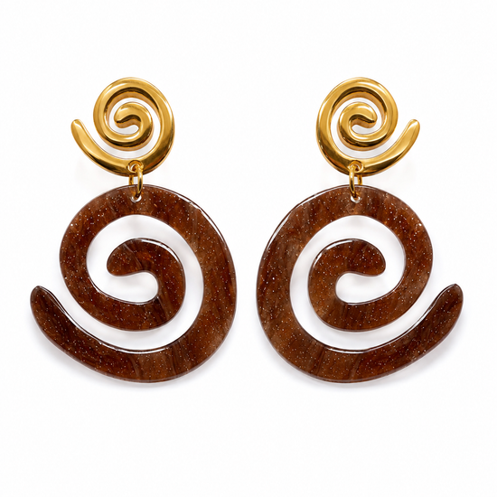 Pendientes Orvella BRAVATA dorados con espiral marrón
