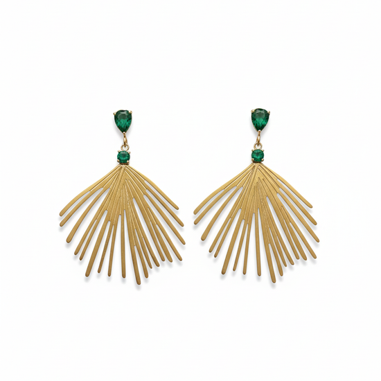 Pendientes largos dorados tipo abanico con cristales verde esmeralda (modelo Palmera Esmeralda)