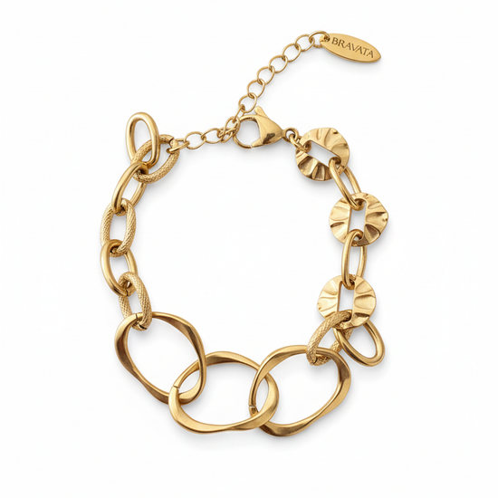 Pulsera de eslabones dorados con discos texturizados en acero con baño de oro 18K