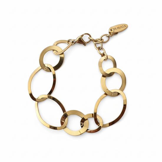 Pulsera de aros grandes dorados con acabado espejo en acero con baño de oro 18K