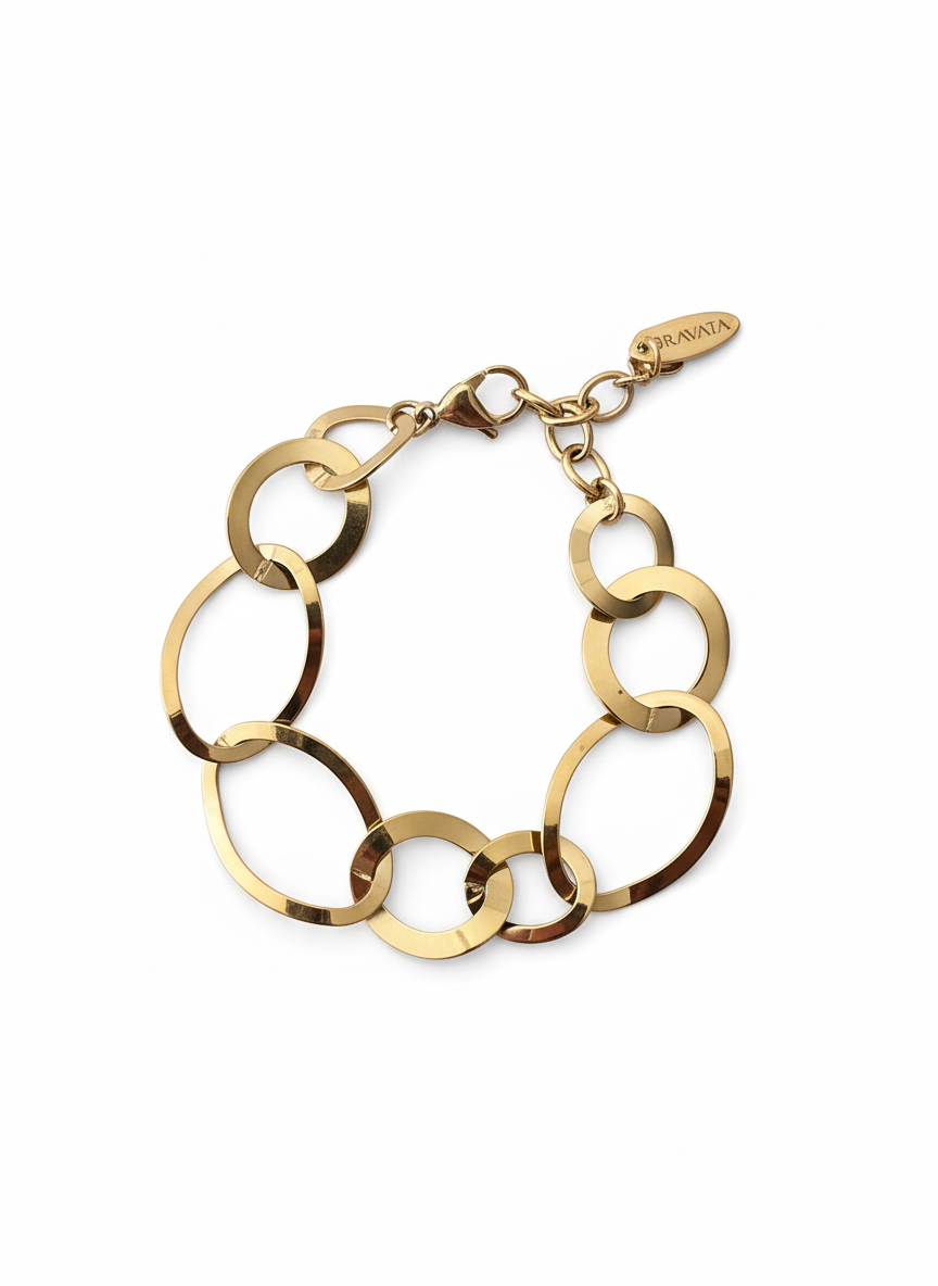 Pulsera de aros grandes dorados con acabado espejo en acero con baño de oro 18K