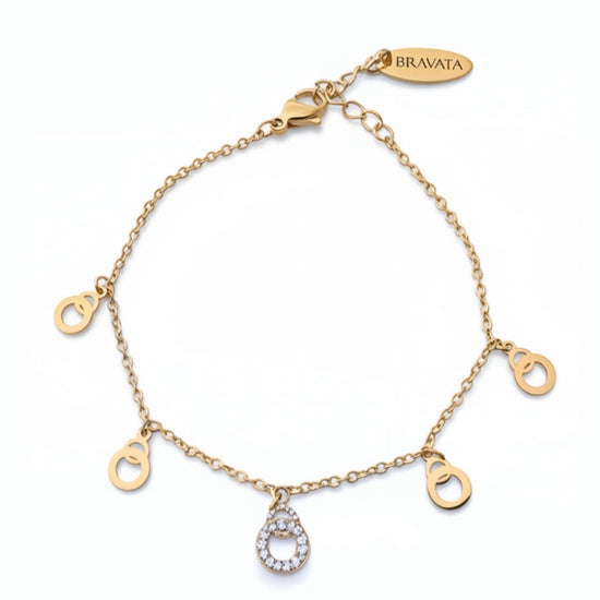 Pulsera dorada con herraduras colgantes y charm central con circonitas en acero con baño de oro 18K 