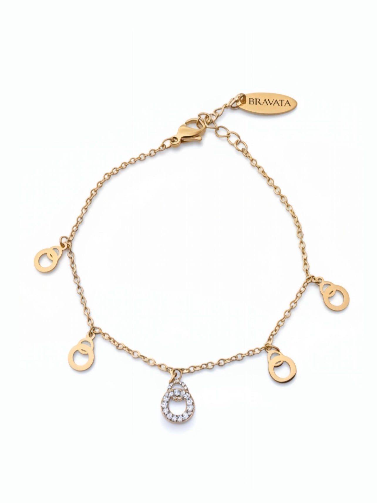 Pulsera dorada con herraduras colgantes y charm central con circonitas en acero con baño de oro 18K 