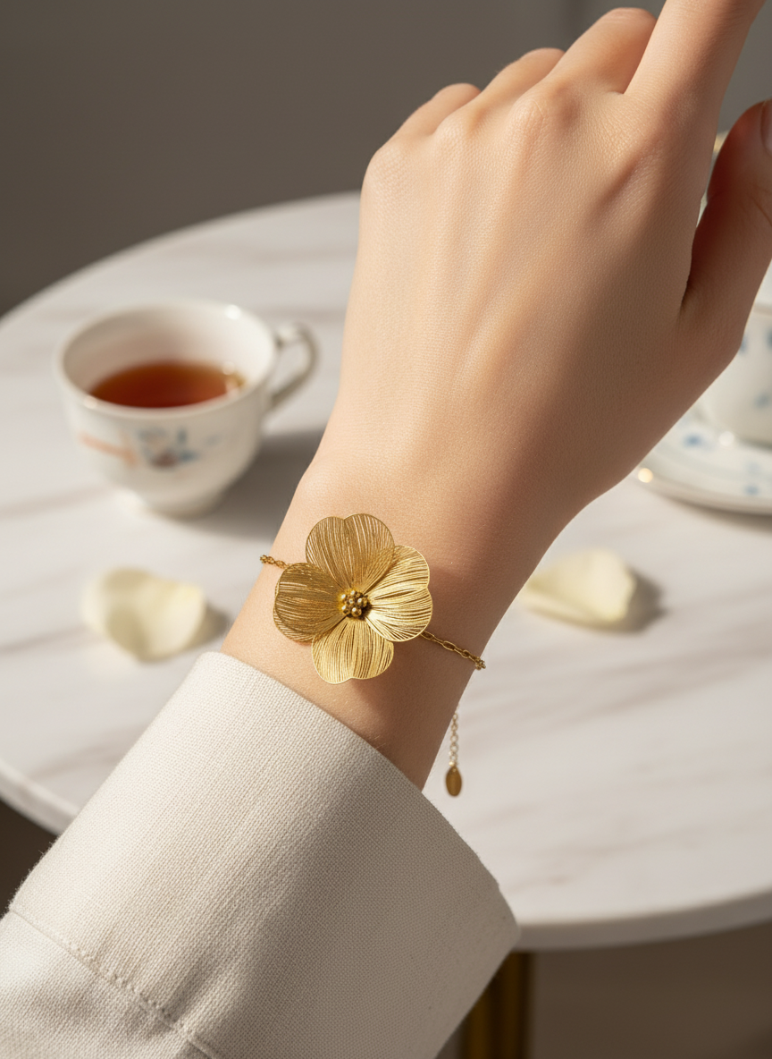 Pulsera dorada con flor grande texturada, en acero con baño de oro 18K sobre modelo