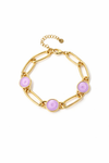 Pulsera dorada de eslabones con tres cabujones rosa en acero con baño de oro 18K
