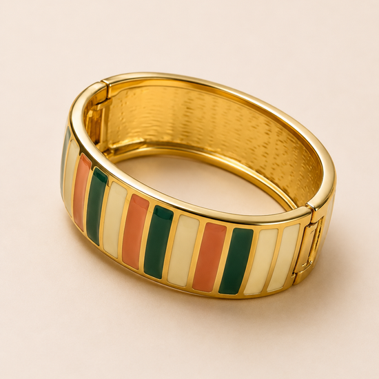 Pulsera Savia BRAVATA dorada con detalles verdes, rosas y crema