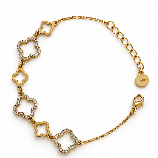 Pulsera Floral Brillante BRAVATA, detalle 2: cadena con cinco motivos florales de cuatro pétalos, tres de ellos con borde de piedras brillantes y dos lisos, int
