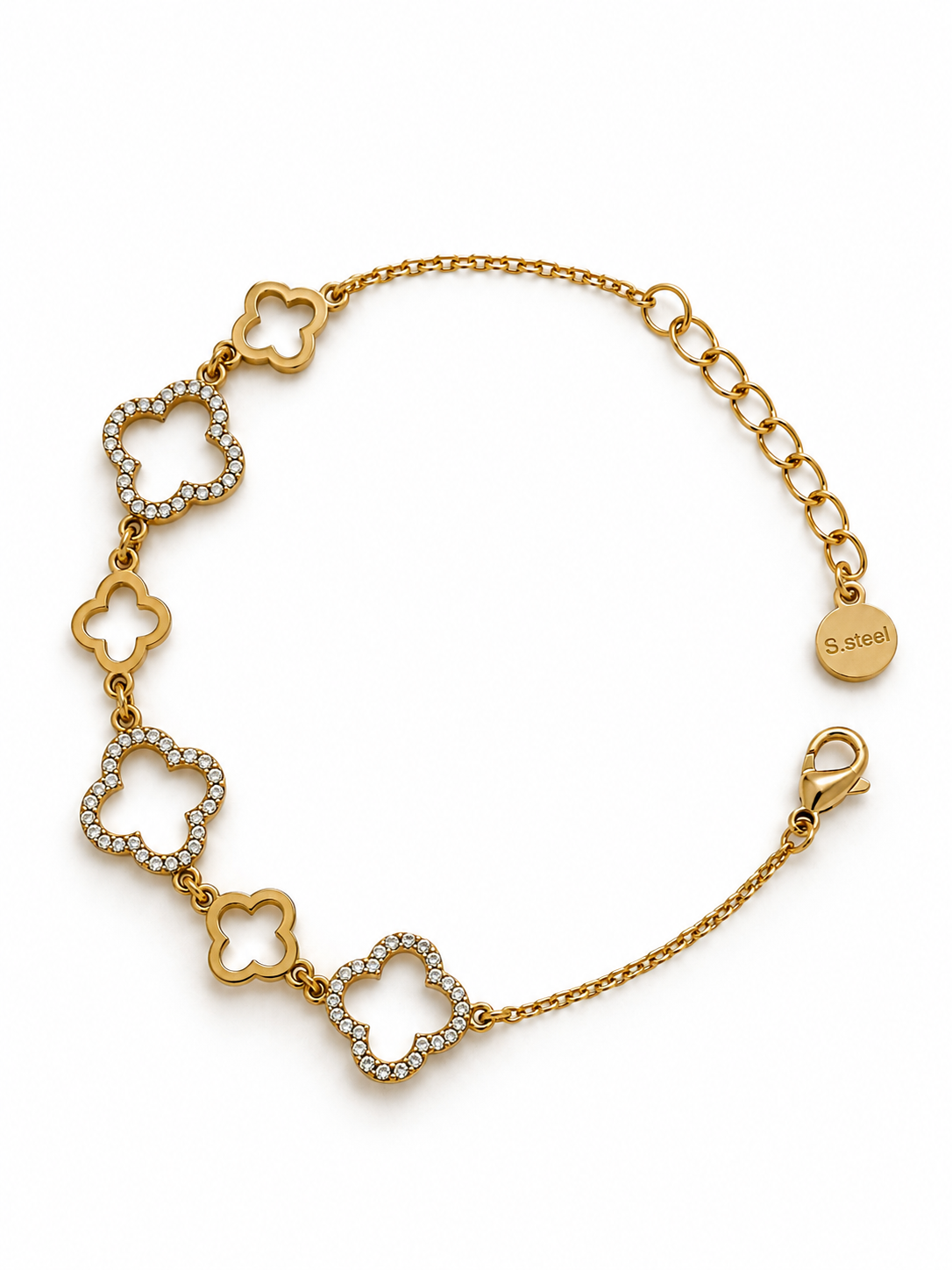 Pulsera Floral Brillante BRAVATA, detalle 2: cadena con cinco motivos florales de cuatro pétalos, tres de ellos con borde de piedras brillantes y dos lisos, int