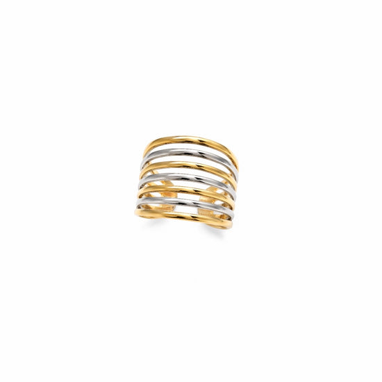 Anillo ancho bicolor de BRAVATA con siete bandas curvas alternadas en acabado dorado y plateado.
