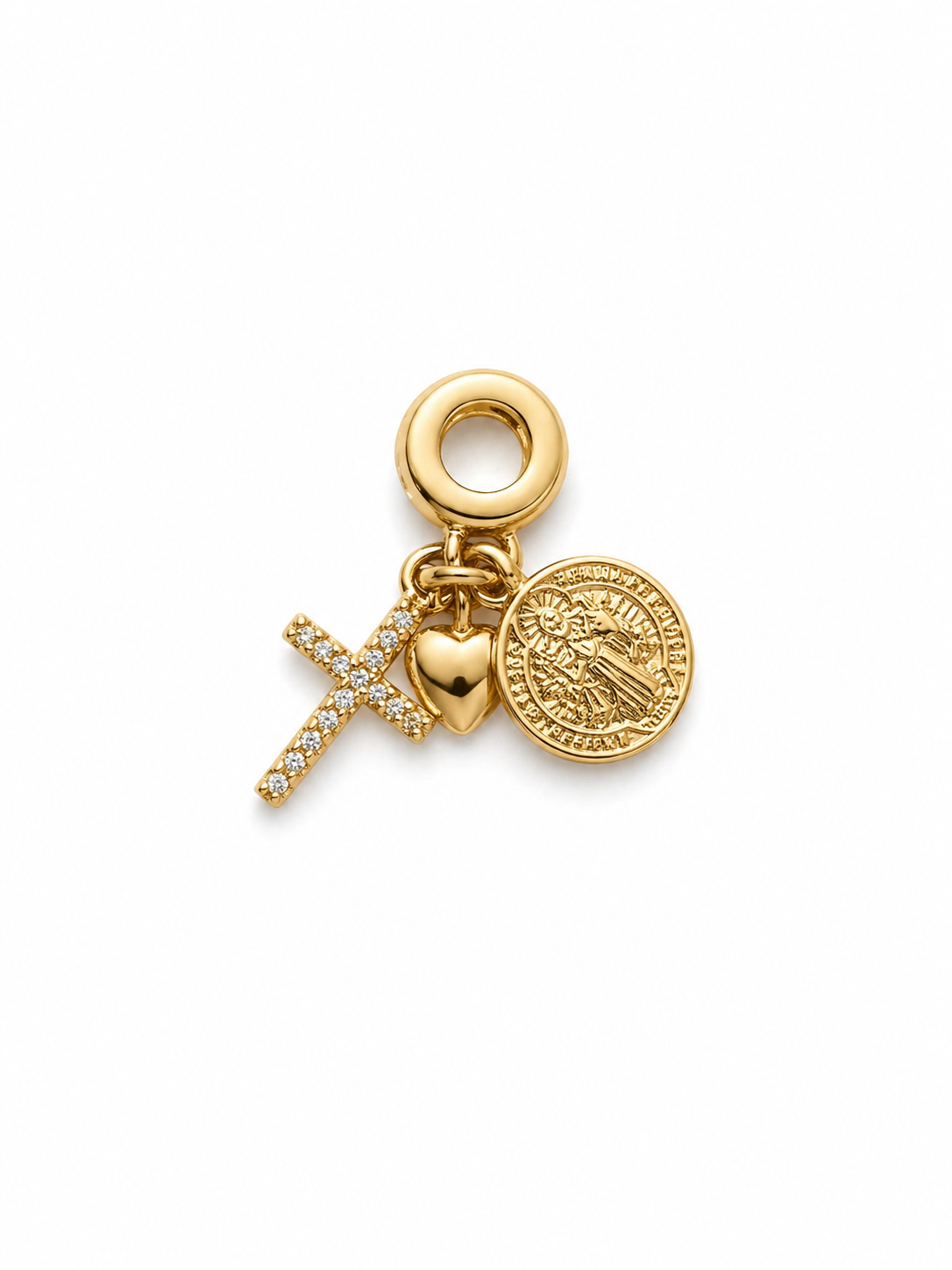 Amuleto dorado con cruz de circonitas, corazón y moneda colgante en joya mujer Bravata