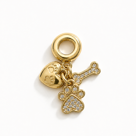 Charm dorado con huella hueso y corazón diseño mascota joyería mujer Bravata