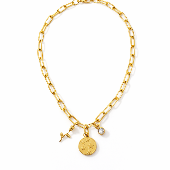 Collar de cadena dorada con charms de estrella, rosa y piedra para mujer