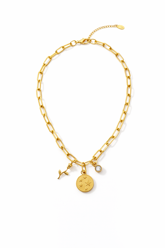 Collar de cadena dorada con charms de estrella, rosa y piedra para mujer