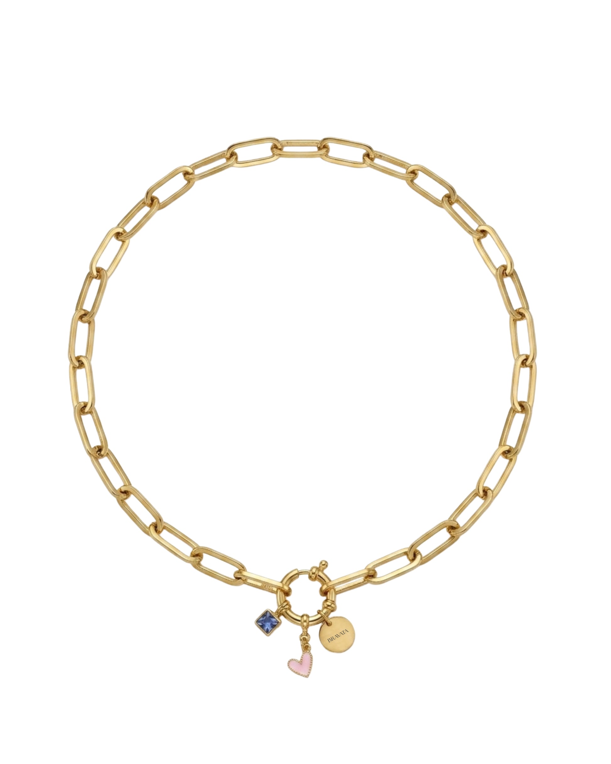 Collar de cadena gruesa dorada con charms y corazón Bravata
