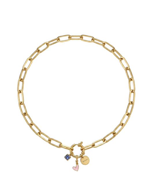 Collar de cadena gruesa dorada con charms y corazón Bravata