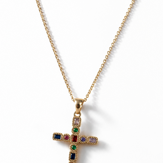 Collar dorado con cruz de circonitas multicolor para mujer de BRAVATA