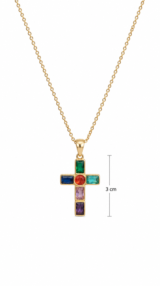 Collar dorado con cruz multicolor de circonitas para mujer de BRAVATA