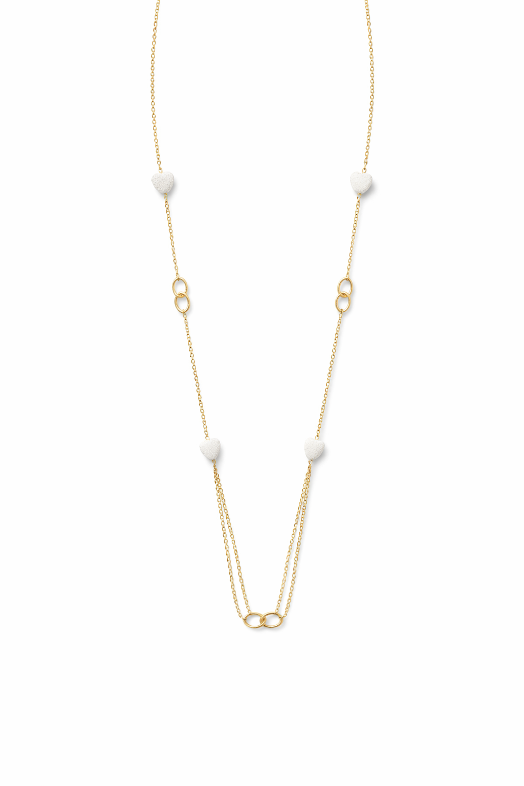 Collar largo dorado con corazones blancos y cadena fina para mujer
