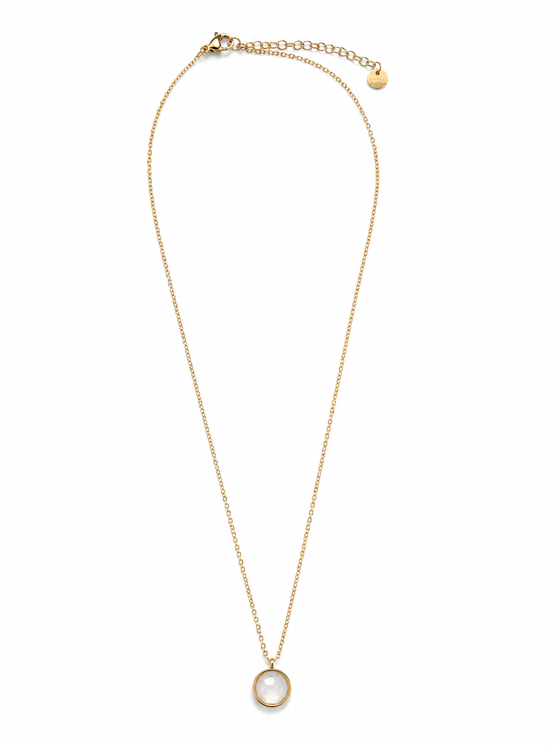 Collar Lúa dorado de cadena fina con colgante circular de piedra blanca de BRAVATA.