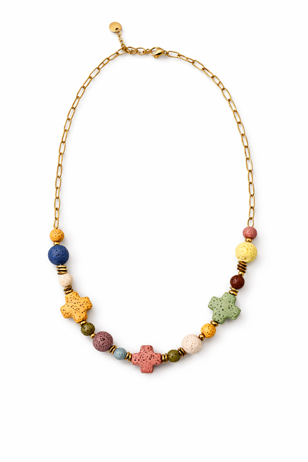 Collar de mujer con piedras volcánicas multicolor y formas geométricas con cadena dorada