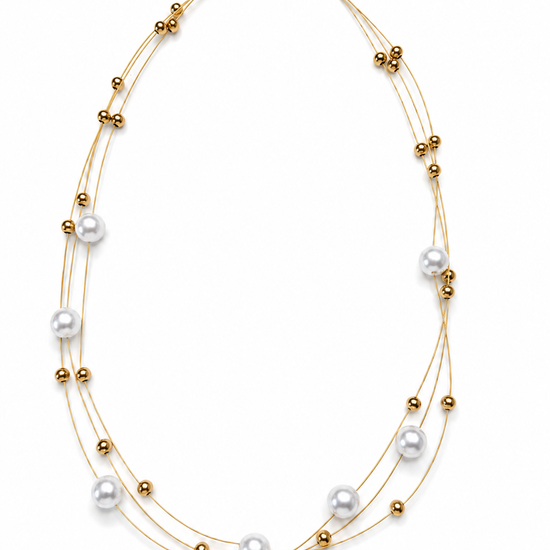 Collar Naia de tres hilos dorados con perlas blancas y pequeñas cuentas doradas de BRAVATA.