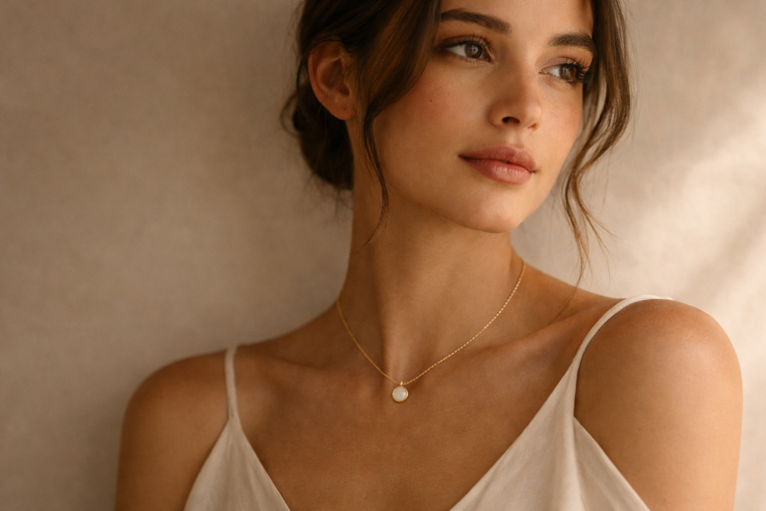 Collar dorado con colgante de nácar minimalista Bravata sobre piel femenina en fotografía lifestyle elegante
