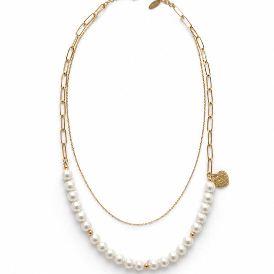 Collar de perlas con cadena dorada doble para mujer diseño elegante y moderno Bravata