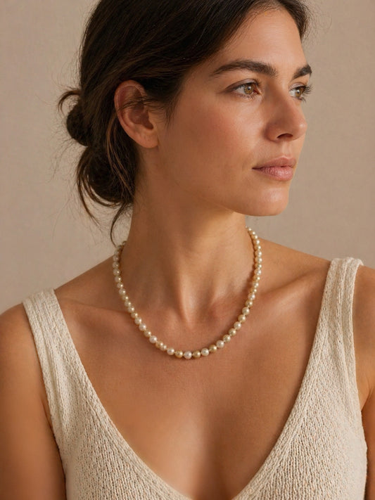 Collar de perlas clásico para mujer puesto en cuello estilo elegante y atemporal Bravata