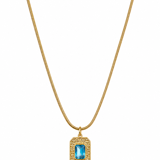 Collar dorado para mujer con colgante rectangular y piedra azul brillante de BRAVATA