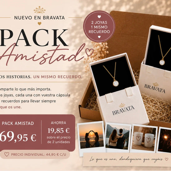 Pack Amistad de BRAVATA con dos collares dorados y cápsula de recuerdos compartida