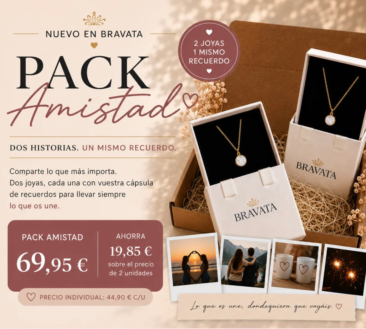 Pack Amistad de BRAVATA con dos collares dorados y cápsula de recuerdos compartida