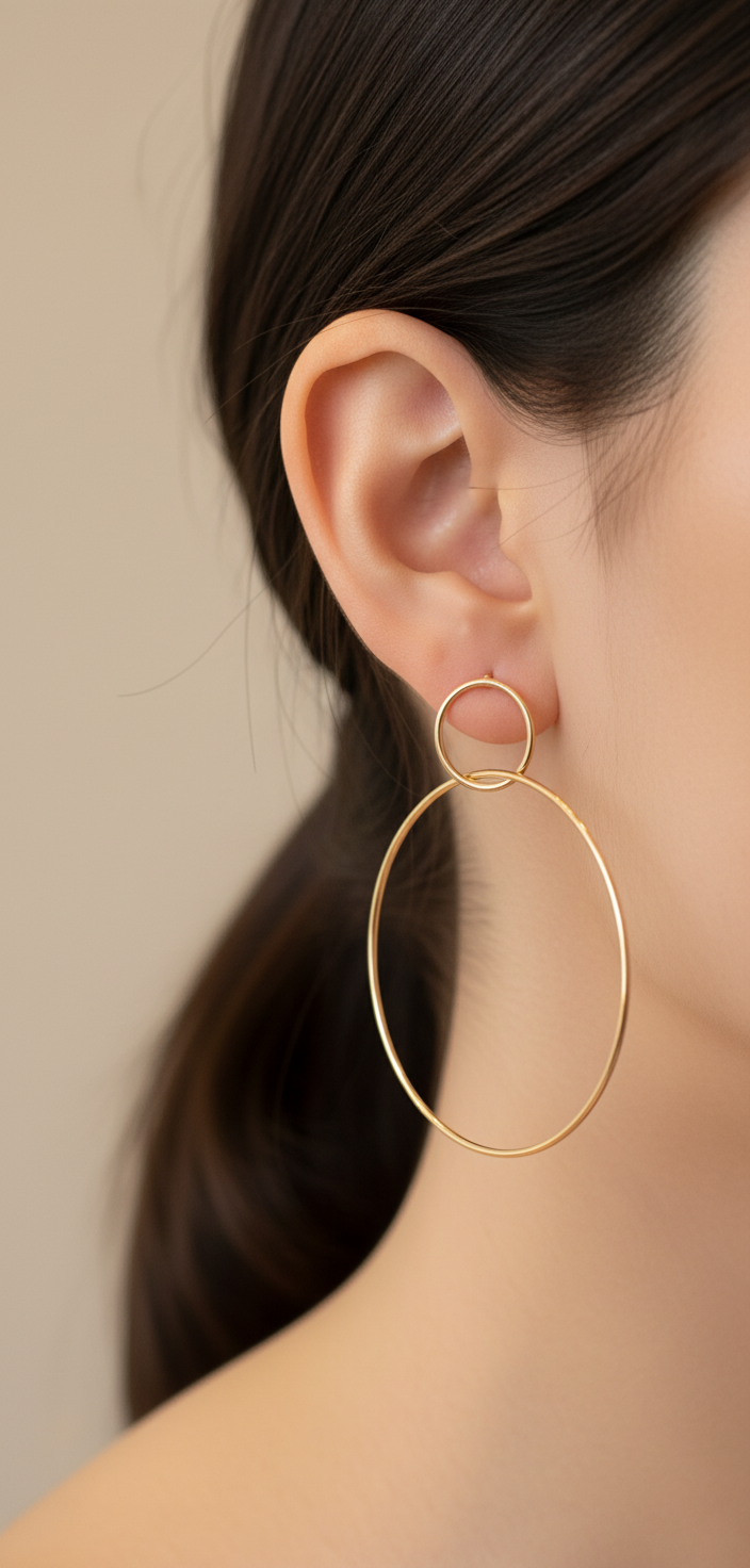 Pendientes aro doble dorado finos tamaño XL (modelo Órbita Aire) sobre modelo